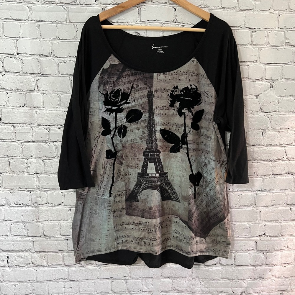 Lane Bryant Size 18/20 Eiffel Tower Paris Rose Sheet Music 3/4 Sleeve Blouse Top